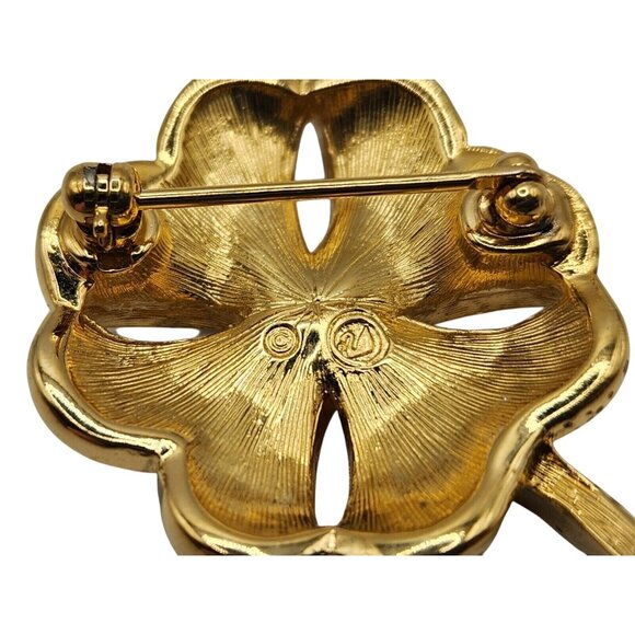 Vintage Swarovski Swan Signed Clover Brooch Gold Tone Rhinestone Shamrock Pin - Picture 7 of 7